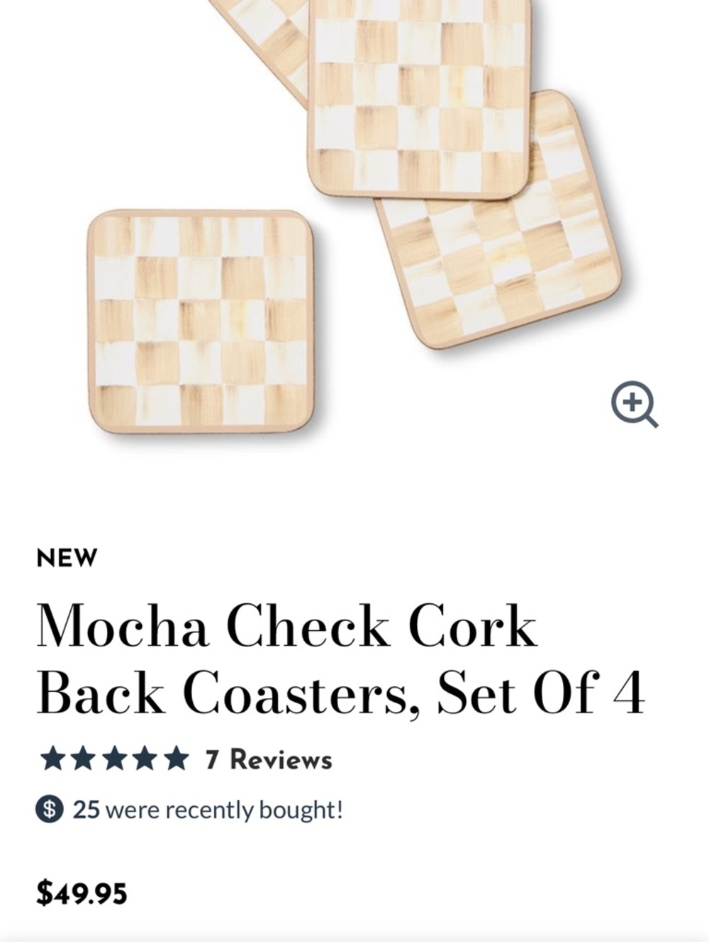 Mackenzie Childs Mocha Check Cork Back Coaster Set of 4